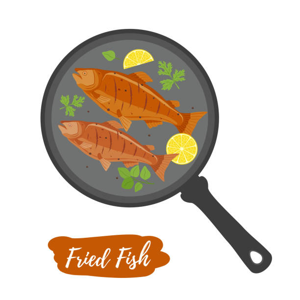 Vector fried fish on frying pan, roasted Vector fried fish on frying pan, cooked sea food with lemon, herbs. Gourmet cuisine, roasted meat. fish fry stock illustrations