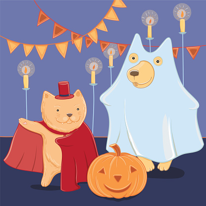Vector funny dog and cat in halloween costumes