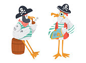 Vector old pirates in cocked hats. Seagull with neckerchief smokes pipe sitting in the wooden cask. Bird in striped t-shirt hold a map with treasures and magnifying glass.