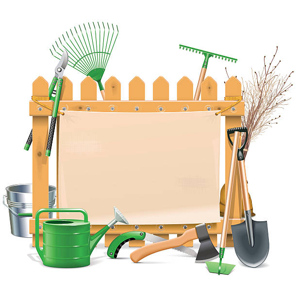 Vector Garden Board Vector Garden board with watering can, shovel, pruner, rake, axe, hoe, tree and other garden equipments, around the wooden fence, isolated on white background gardening borders stock illustrations