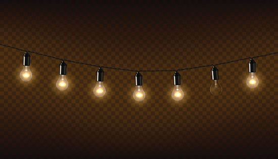 Vector garland of lamps on brown transparent background.