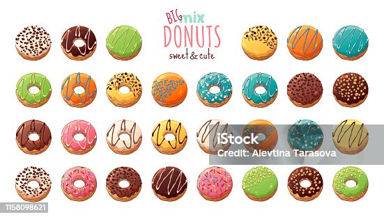 istock Vector. Glazed donuts decorated with toppings, chocolate, nuts. 1158098621