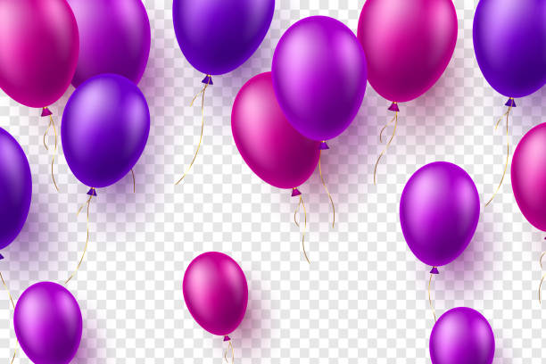 Vector glossy balloons in purple color. Vector glossy balloons in purple color. 3d decorative elements for holidays or birthday party. Isolated on transparent background. anniversary clipart stock illustrations