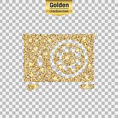 Gold glitter vector icon of safe box isolated on background. Art creative concept illustration for web, glow light confetti, bright sequins, sparkle tinsel, abstract bling, shimmer dust, foil.