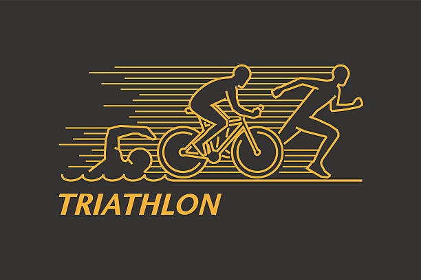 Vector gold line logo triathlon Vector gold line logo triathlon. Figures triathletes on a black background. Swimming, cycling and running symbol. Open path. triathlon stock illustrations