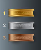 Vector gold, silver, bronze horizontal ribbons with text space isolated on gray background