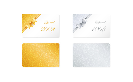 Vector golden and silver gift card layout with glittering backdrop. Set of two templates of discount cards with realistic bows and ribbons on white background