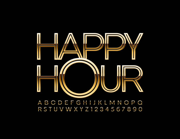 Vector golden sign Happy Hour with Uppercase Font. Modern luxury Alphabet Creative elegant Letters and Numbers set happy hour stock illustrations