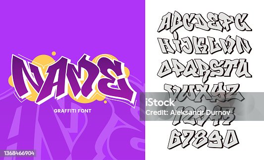istock Vector graffiti font. Graffiti style alphabet letters and numbers with outline and shadow. Hip hop culture element. Easy to recolor. Ideal for emblem design, posters, header. 1368466904