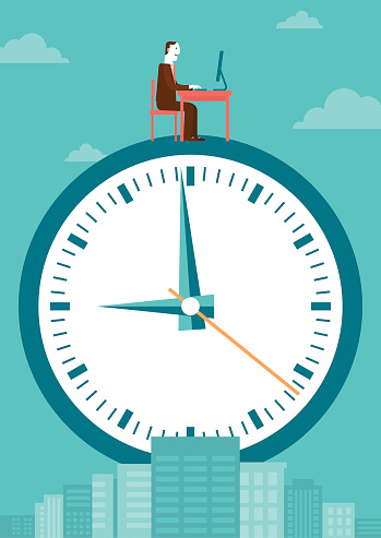 Vector graphic, a businessman sitting on a top of a clock