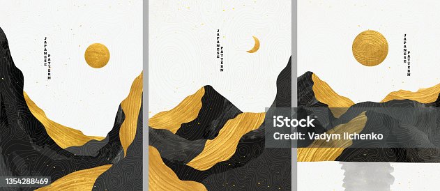 istock Vector graphic illustration. Abstract landscape. Mountains, hills. Japanese wavy linear pattern. Backgrounds collection. Asian style. Design for poster, book cover, web template, brochure. Gold paint 1354288469