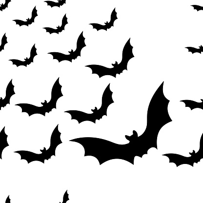 Vector graphics. Halloween's character is a bat. Bats fly. Seamless pattern on a white background.