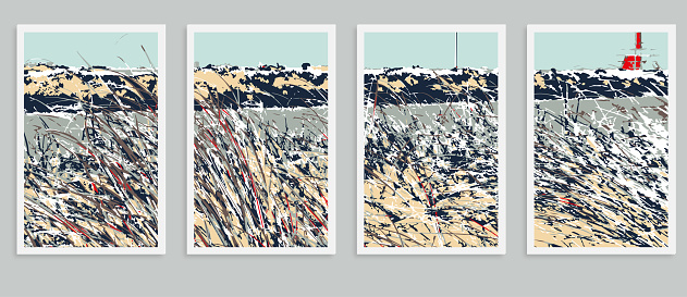 Vector grass field landscape scene engraving style pattern postcard illustration backgrounds