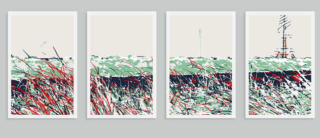 Vector grass field landscape scene woodcut style pattern postcard illustration backgrounds