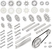 An assortment of gears, pulleys, screws, bolts, nuts and other odd things in vector format.  Build a varriety of items by stacking and layering.