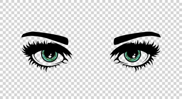 Vector green female eyes with long lashes and make up. Beautiful girls Vector green female eyes with long lashes and make up. Beautiful girls eyes on transparent background winking stock illustrations