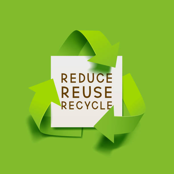Vector green recycling symbol with paper banner and text reduce reuse recycle for eco aware design Vector green recycling symbol with paper banner and text reduce reuse recycle for eco aware design ease stock illustrations