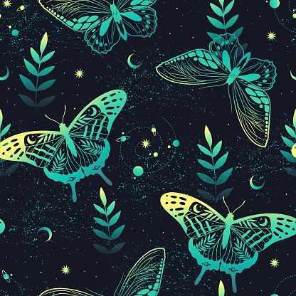 Vector green seamless pattern with moon moth and stars.