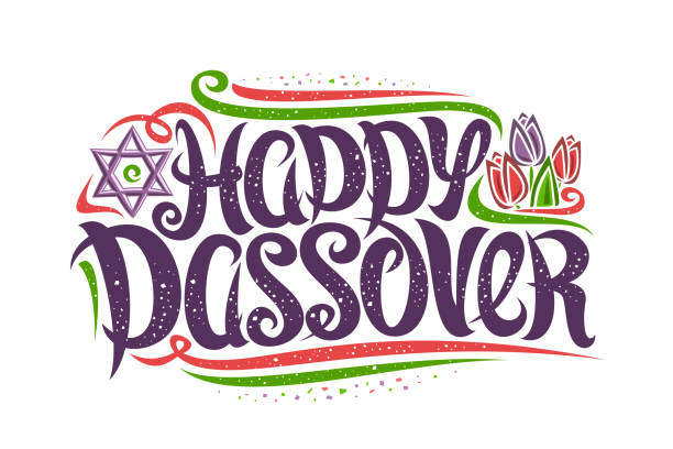 Vector greeting card for Jewish Passover Vector greeting card for Jewish Passover, decorative flyer with curly calligraphic font, confetti and flourishes, tulip flowers and star of David, swirly brush type for words happy passover on white. passover stock illustrations