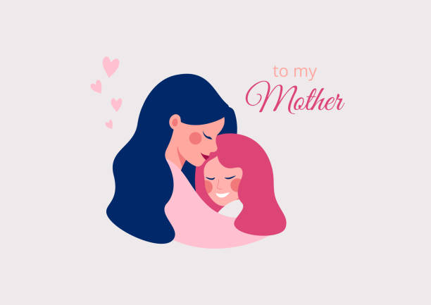 stockillustraties, clipart, cartoons en iconen met vector wenskaart van schattige jonge moeder omarmen haar dochter met liefde. - moeder dochter
