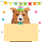 Cute Dog Holding A Sign Vector Illustration. Funny Dog With A Birthday Hat. Vector Greeting Card With Dog.