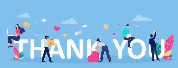 вектор поздравительная открытка с благодарственным сообщением и счастливыми клиентами - thank you stock illustrations