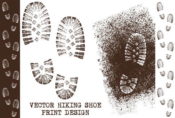 Vector grunge shoe prints Three grunge shoe tracks prints vector illustrations on a dirty earth surface printmaking technique stock illustrations