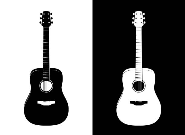 Vector Guitar Illustration in Black and White Set of Vertical Guitar Silhouettes in Vector EPS 10. Black and White illustrations in Realistic style. acoustic guitar stock illustrations