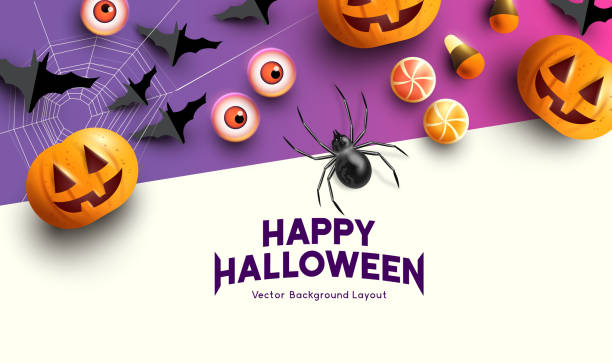 Vector Halloween Celebration Background Happy halloween celebration background with Jack O Lantern pumpkins and spooky decorations. Vector illustration trick or treat stock illustrations