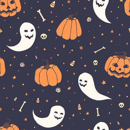 Vector Halloween Repeat Pattern With Pumpkins Ghosts With Scary Faces ...