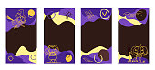Vector Halloween templates for social media stories. Cute set of 4 editable backgrounds with cartoon style pumpkins, leaves, spiders, and geometrical objects. Purple, yellow, and black frames.