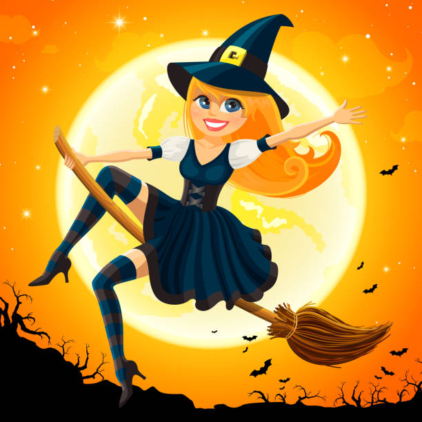 Witch Flying Over The Moon Illustrations, RoyaltyFree