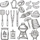 Vector Hand drawn barbecue icons set. Tongs, sausage, fish, grill and meat. Vintage sketch illustration.