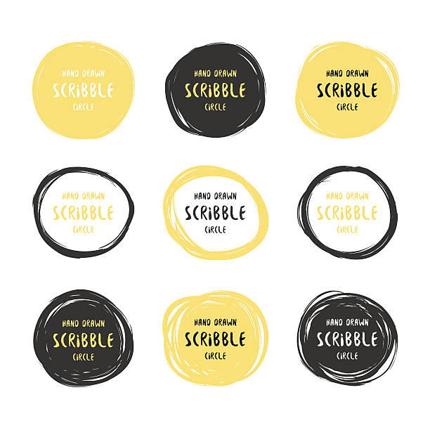 Vector hand drawn black and gold scribble logos Vector set of 9 hand drawn black and gold scribble circles. Logo design elements writing activity borders stock illustrations