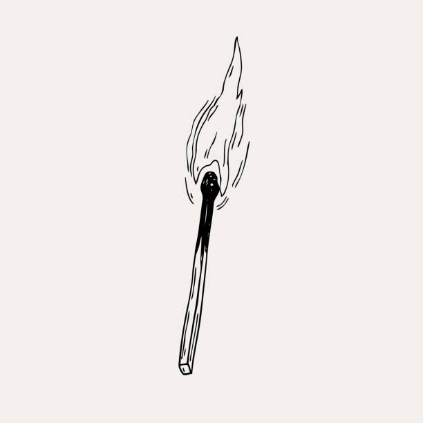 Vector hand drawn burning match. Graphic match with fire. Graphic sketch for posters, tattoo, clothes, t-shirt design, pins, patches, badges, stickers.  cigarette lighter stock illustrations