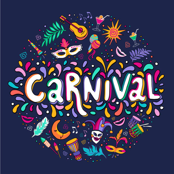 stockillustraties, clipart, cartoons en iconen met vector hand drawn carnaval belettering. carnaval titel met kleurrijke partij elementen, confetti en brasil samba dansing - festival