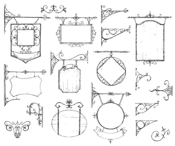 Vector hand drawn collection of vintage signboards, bracket and Vector hand drawn collection of vintage signboards, bracket and decorations. Sketchy engraving style of illustration. Isolated old town set. window drawings stock illustrations