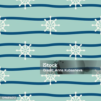 istock Vector hand drawn coloured childish seamless repeat simple flat pattern with ships steering wheel and wave . Pattern for children. Sea ocean 1396816012