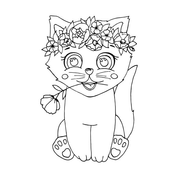 Vector hand drawn cute kitten with flower wreath and a flower in his mouth for coloring. Vector hand drawn cute kitten with flower wreath and a flower in his mouth for coloring. Line art. Black and white drawing by hand. Graphic arts. Eps 10 vector illustration. cute cat coloring pages stock illustrations