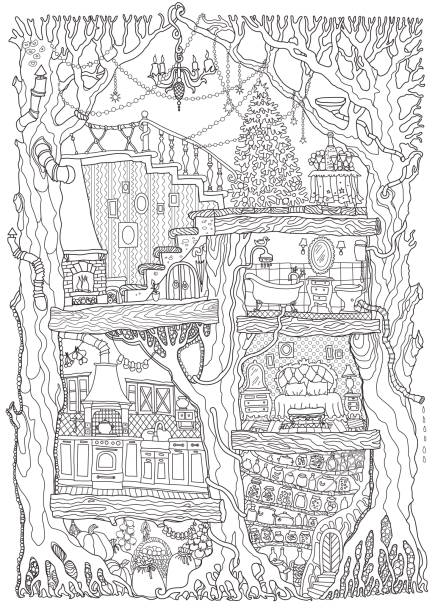 Vector hand drawn fantasy old oak tree with fairy tale house. Black and white sketch . Tee-shirt print. Adults and children Coloring book page. Batik paint. Christmas greeting and party invitation card Vector hand drawn fantasy old oak tree with fairy tale house. Black and white sketch . Tee-shirt print. Adults and children Coloring book page. Batik paint. Christmas greeting and party invitation card bathroom door signs drawing stock illustrations