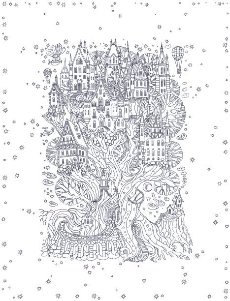 Vector hand drawn fantasy old oak tree with fairy tale house. Light gray doodle sketch. Black and white monochrome tee-shirt print, snowflakes frame on a white background. New Year and Christmas greeting card, party invitation Vector hand drawn fantasy old oak tree with fairy tale house. Light gray doodle sketch. Black and white monochrome tee-shirt print, snowflakes frame on a white background. New Year and Christmas greeting card, party invitation bathroom door signs drawing stock illustrations