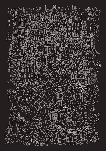 Vector hand drawn fantasy old oak tree with fairy tale house. Light gray doodle sketch. Black and white tee-shirt print background. New Year and Christmas greeting card, party invitation