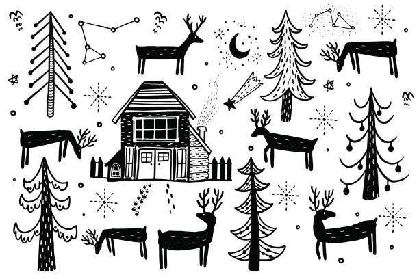 向量手繪森林冬季集。設計的元素聖誕松木, 雲杉, 鹿, 房子的森林。塗鴉風格。 - 原木小屋 插圖 幅插畫檔、美工圖案、卡通及圖標