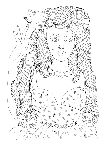 Vector Hand Drawn Girl In Pinup Style With Long Wavy Hair In A