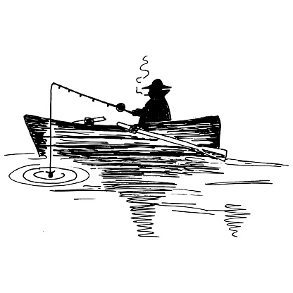 Vector hand drawn illustration of a silhouette of a person fishing in the sea in the boat. Drawing.