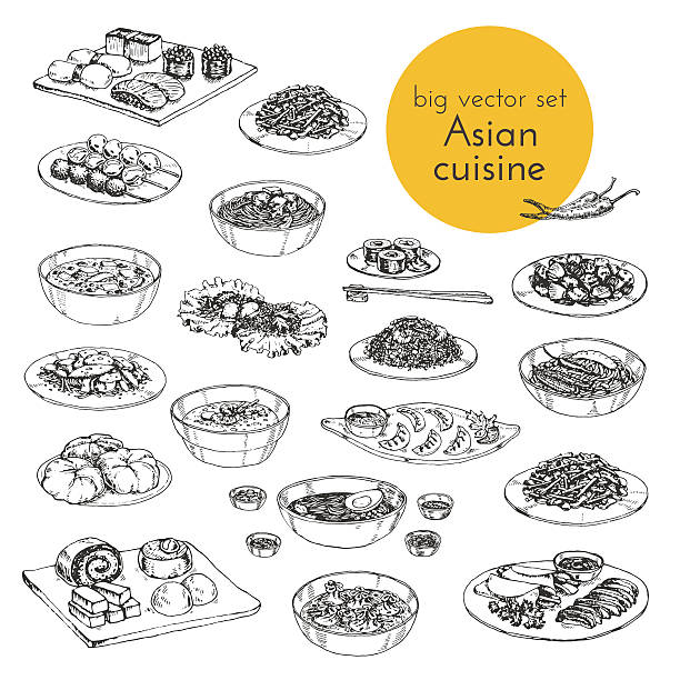 ilustrações de stock, clip art, desenhos animados e ícones de vector hand drawn illustration of asian dishes - salad bowl