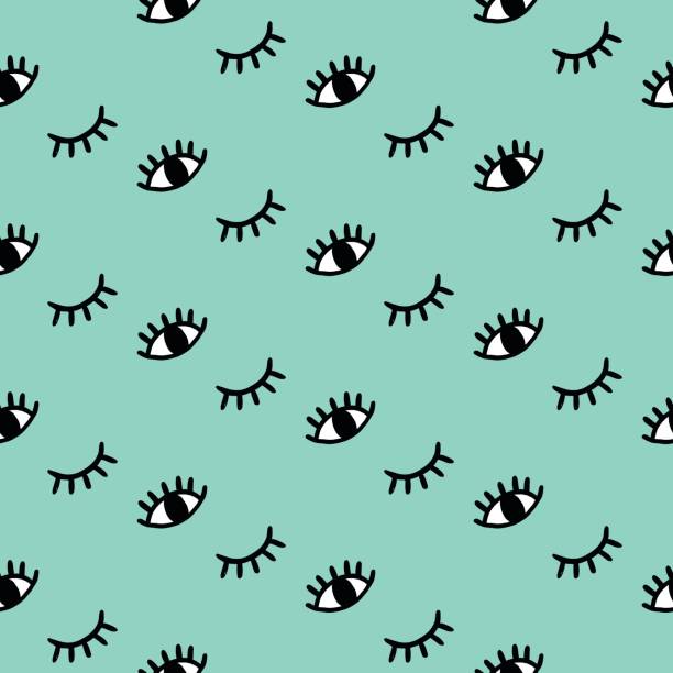 Vector hand drawn seamless pattern Vector hand drawn seamless pattern with open and winking eyes, eyelashes on mint background eye patterns stock illustrations