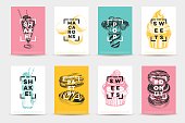 Vector hand drawn set of trendy sweets Illustrations. Sketch vintage style. Design template. Retro background. Donuts, Eclairs, macarons and milkshakes.