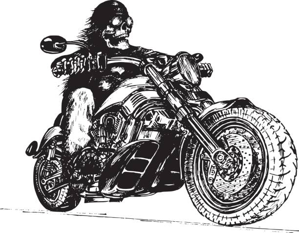 stockillustraties, clipart, cartoons en iconen met vector hand getekend skeleton rider op motorfiets. vintage eeuwige biker illustratie voor aangepaste chopper garage, mc label. - motorfietser