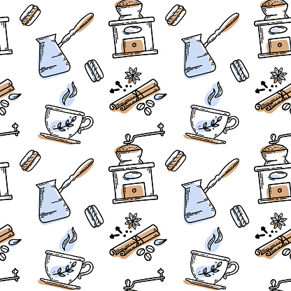 Vector hand drawn sketch style coffee seamless pattern. Cups of coffee, spices and coffee beans, macaroons, cezve, coffee grinder. Vector illustration